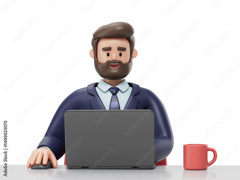 Poster a man sits at a desk, hands on laptop, symbolizing focus and productivity. 3d rendering, conceptual 