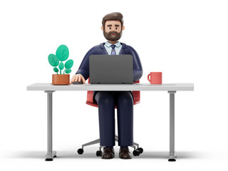 A man sits at a desk, hands on laptop, symbolizing focus and productivity. 3D rendering, conceptual image. Isolated on white background.