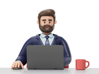 A man sits at a desk, hands on laptop, symbolizing focus and productivity. 3D rendering, conceptual image. Isolated on white background.