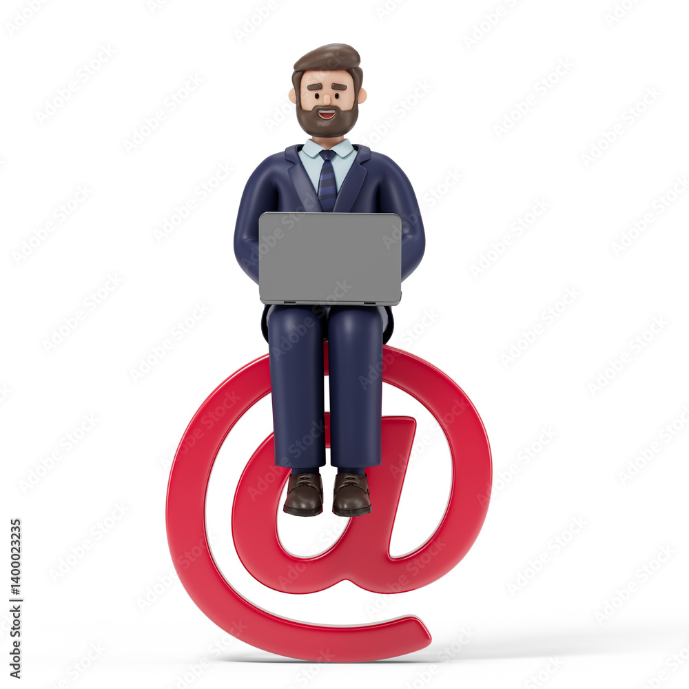 Poster a man stands on an '@' symbol, holding a laptop, symbolizing digital connectivity and communication.
