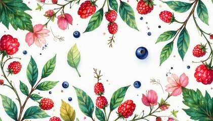 Watercolor forest berry seamless pattern, vibrant hues, whimsical, pattern