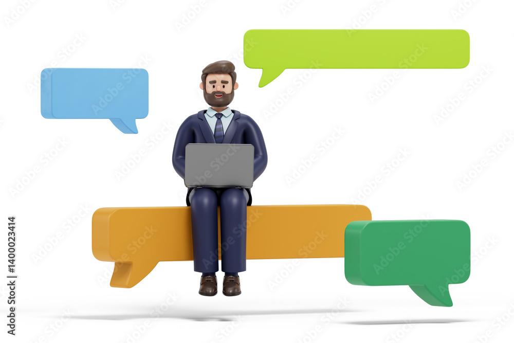 Poster a man sits on a bench with a laptop, surrounded by speech bubbles, symbolizing digital communication