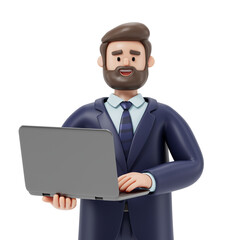 A man holds a laptop, standing confidently, symbolizing professionalism and technology use. 3D rendering, conceptual image. Isolated on white background.