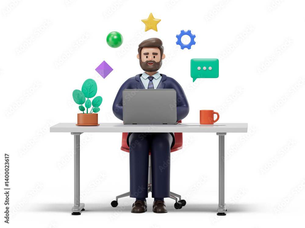 Poster a man works at a desk with a laptop, surrounded by idea icons, symbolizing creativity and productivi