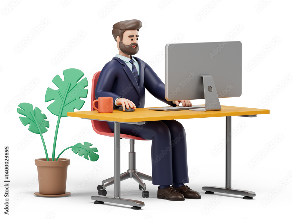 Poster a man sits at a desk using a computer, symbolizing focused work in a comfortable environment. 3d ren