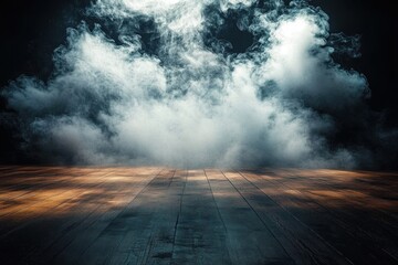 A dark background sets stage for an atmospheric stock photo- featuring an empty floor shrouded in billowing smoke- creating a sense of mystery and intrigue