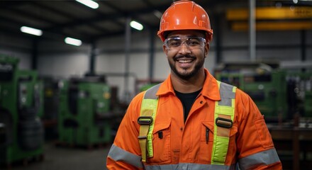 Smiling worker wearing safety gear in a machinery workshop  