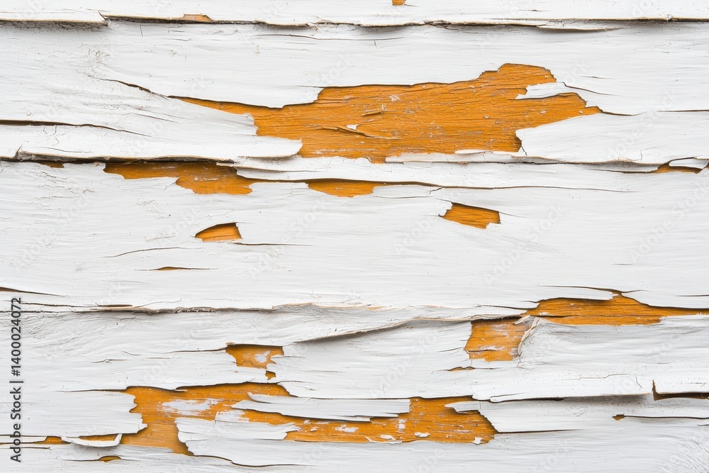 Poster white wooden surface with flaking yellow paint and strong linear cracks forming distressed horizonta