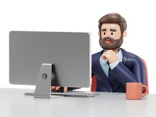 A man sits at a desk, laptop open, hand on cheek, symbolizing deep thought or problem-solving. 3D rendering, conceptual image. Isolated on white background.