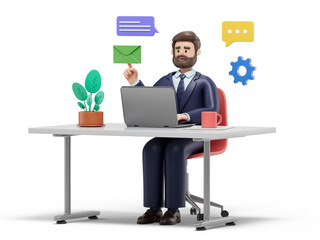 A man at a desk with a laptop, holding an envelope, surrounded by communication icons, symbolizing digital and traditional correspondence. 3D rendering, conceptual image. Isolated on white background.