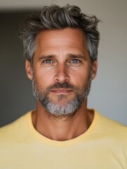 Obraz premium authentic portrait of brutal 45 years old European man in light yellow t-shirt with beard at home, businessman, closeup