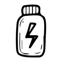 Container with sports energy supplement. Hand drawn doodle. Athlete nutrition for better workout in the gym. Plastic jar with lid. Healthy lifestyle. Vector line art illustration.