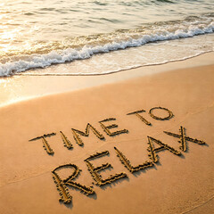 Fototapeta premium Time to Relax: A gentle wave caresses the sandy shore, unveiling a handwritten message. A scene of serenity and introspection.