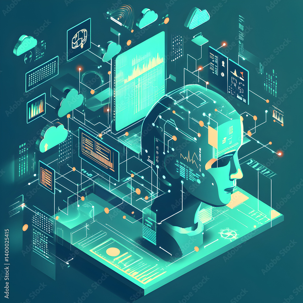 Poster integrating business ai digital ecosystem graphic representation virtual workspace futuristic concep