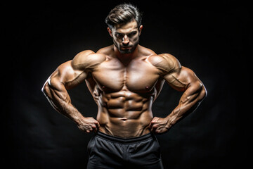 Fototapeta premium High-contrast lighting, black background, power pose