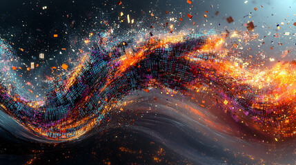 Abstract technology artwork showing a colorful wave fracturing into pieces.