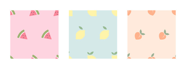 Pretty fruits background set. Collection of seamless patterns with berries and fruits. Cards with watermelons, lemons and peaches. Simple summer backgrounds in pastel colors. Surfaces, wallpaper