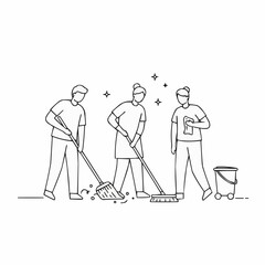 Cleaning team cooperating while tidying up a space  