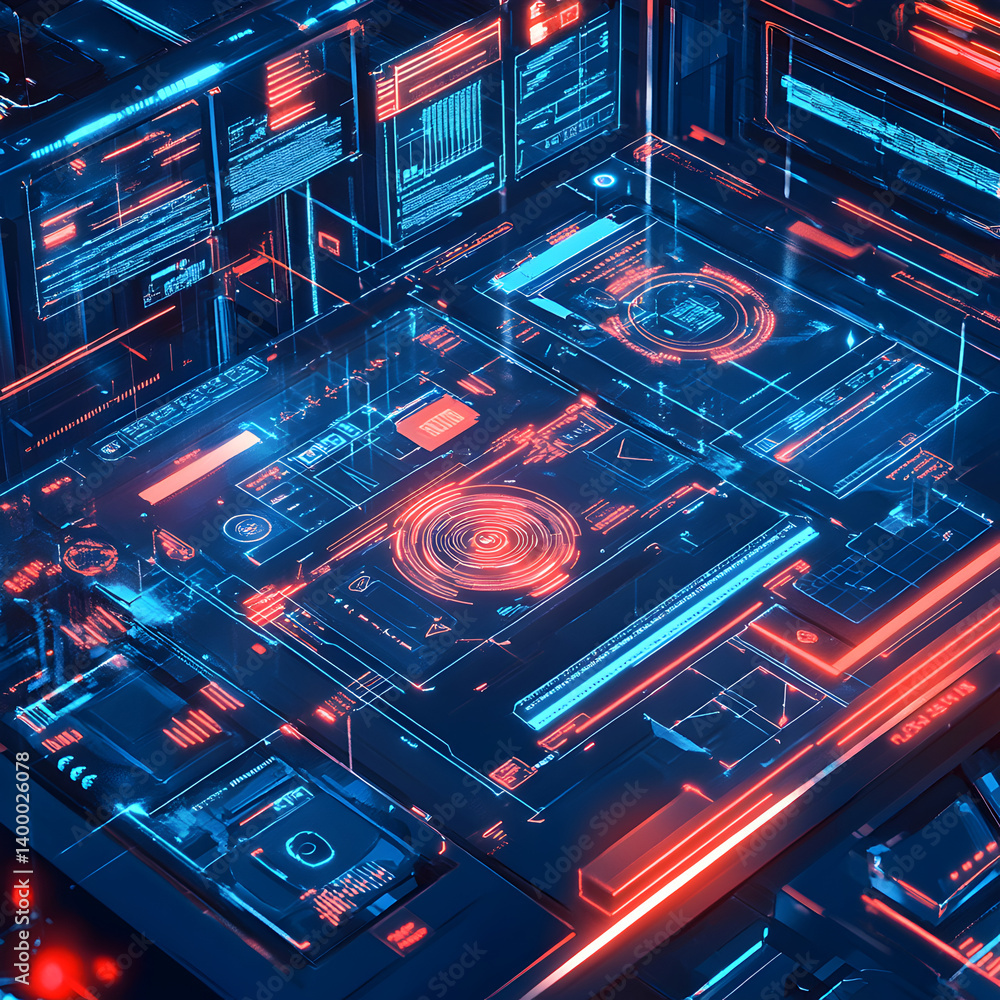 Poster showcasing advanced business hardware technology control virtual environment digital interface innov