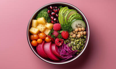 A fresh vegan detox bowl with vibrant superfoods will make a delicious and healthy snack or dish. The concept of proper nutrition.
