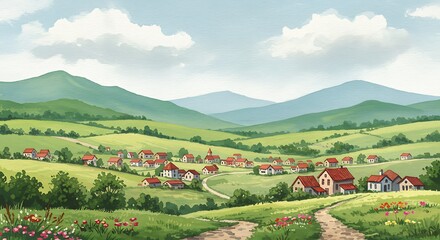 Naklejka premium Serene Hillside Village: A Pastoral Digital Painting in Vibrant Greens and Reds AI Generated
