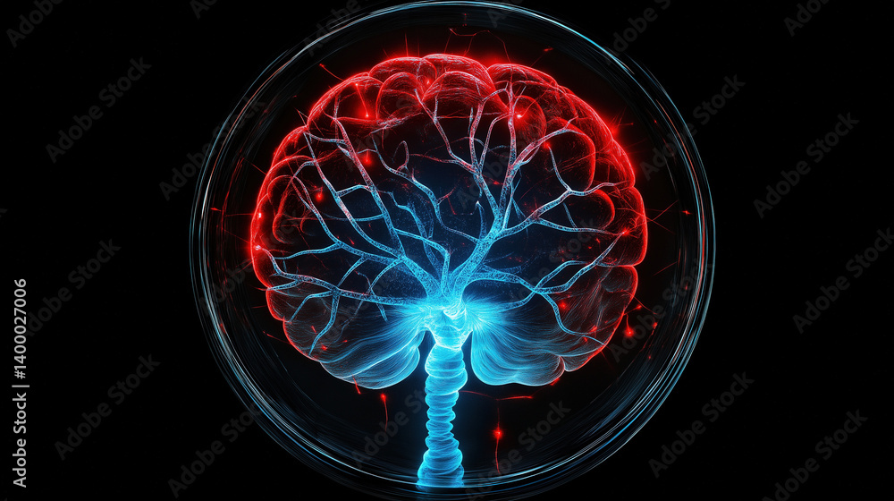 Poster abstract blue glowing light neural network or brain cell with a red shining crystal core on a black 