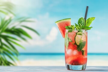 tropical lemonade with watermelon in glass with straw on beach background, summer cocktail, refreshing drinks