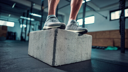 training for seniors in fitness center. Close up of senior feet stepping onto concrete box in gym setting