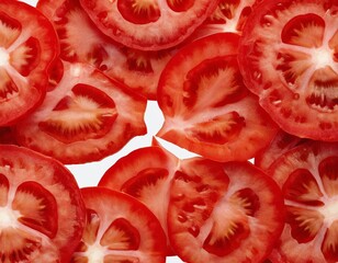 Fresh red tomato slices arranged beautifully on a white background.