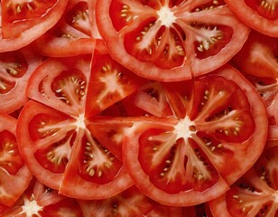 Fresh red tomato slices arranged artistically on a surface.