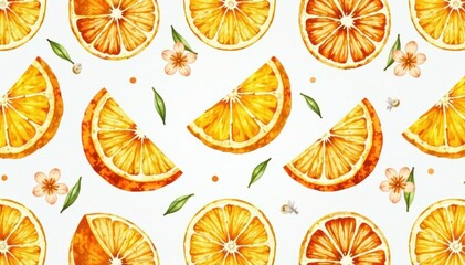 Obraz premium Vibrant watercolor orange slices & blossoms seamless repeat, vitaminC, floral