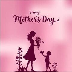 Happy Mothers Day Social Media Creative with Mom Holding Flowers and Card