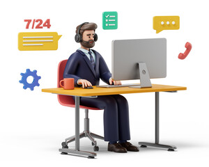A man with headphones at a desk, working on a laptop, symbolizing customer support and communication. 3D rendering, conceptual image. Isolated on white background.