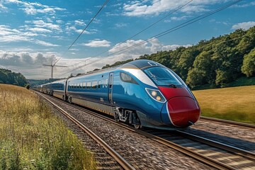 Fototapeta premium In a wide-angle view of a sunny day- ultra-fast modern train speeds through picturesque countryside- its sleek design and powerful engine symbolizing progress and efficiency- as it races towards its d