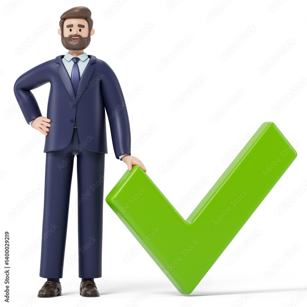 Poster a man stands confidently next to a large checkmark, symbolizing success and approval. 3d rendering, 