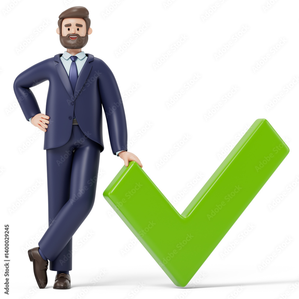 Poster a man stands confidently next to a large checkmark, symbolizing success and approval. 3d rendering, 