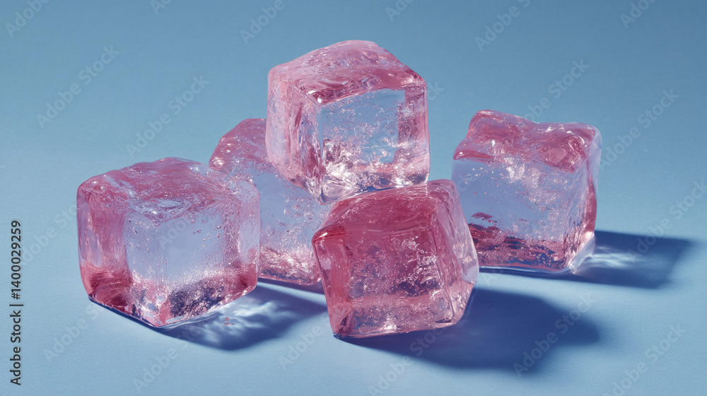Poster close-up of translucent pink ice cubes on a blue background, showcasing a refreshing and cool aesthe