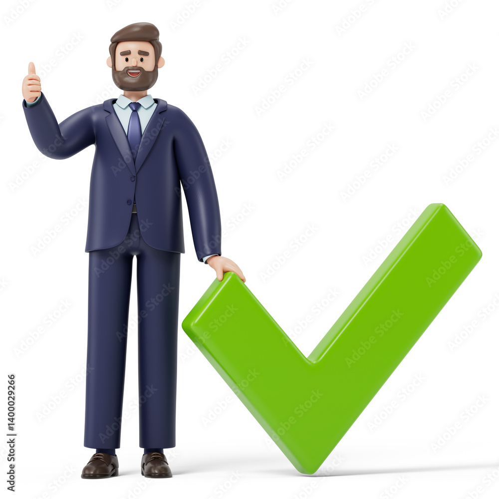 Poster a man stands with a thumbs-up gesture next to a large checkmark, symbolizing approval and success. 3