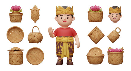 Balinese Guide with Intricately Woven Baskets and Lotus Flowers