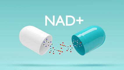 NAD lettering and open capsule with Nicotinamide adenine dinucleotide molecular structure on blue background. Concept of NAD anti-aging therapy and self care. 3d illustration, rendered.