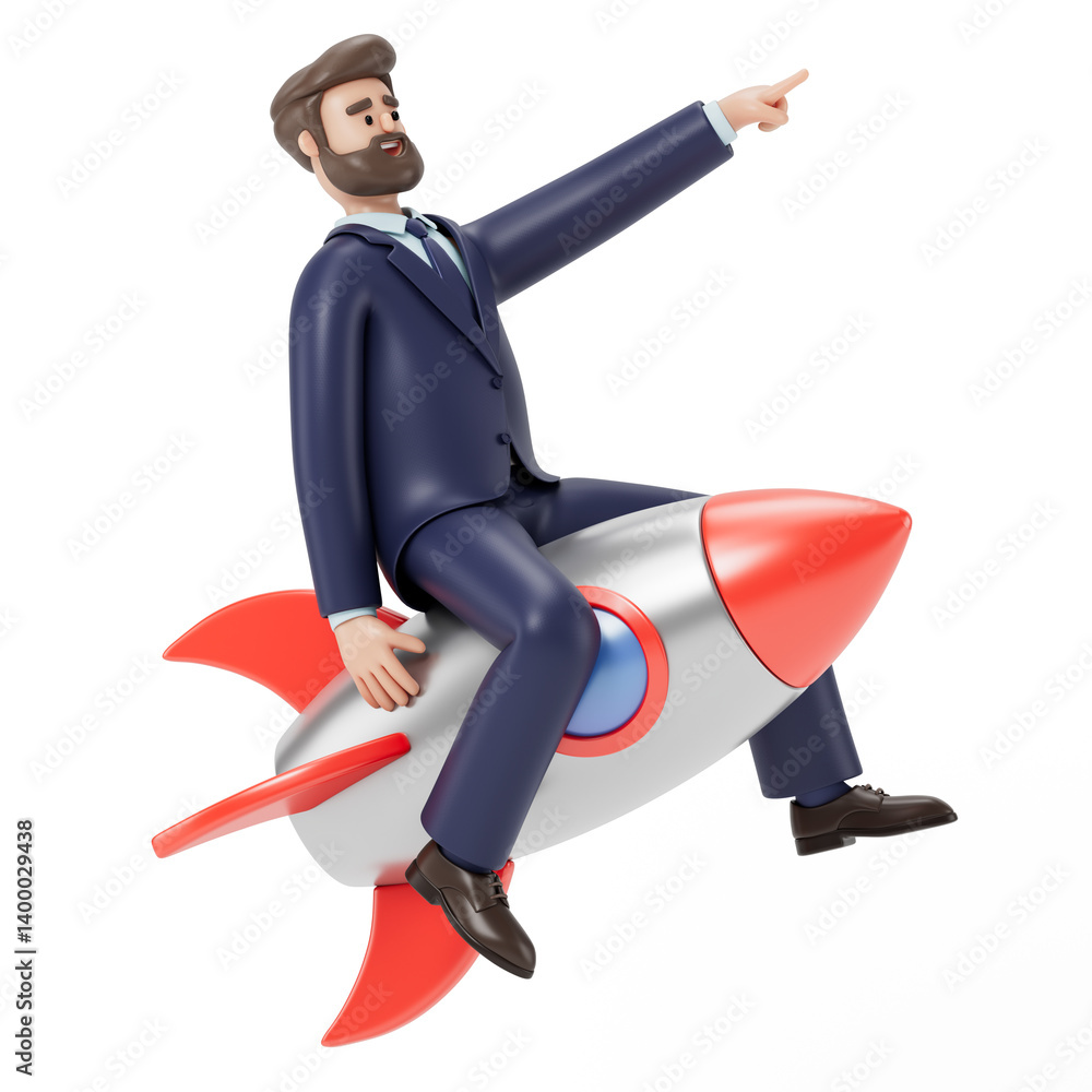 Poster a man rides a rocket, pointing forward, symbolizing fast progress and ambition. 3d rendering, concep