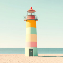 Fototapeta premium Colorful lighthouse on beach with pastel stripes and clear sky. This vibrant structure stands tall against ocean backdrop, creating cheerful scene