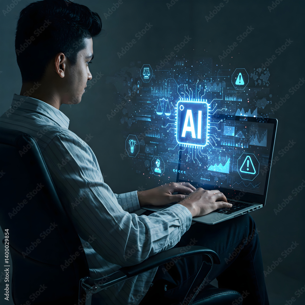 Poster technological insight: a focused individual engages with an ai interface on a laptop, surrounded by 