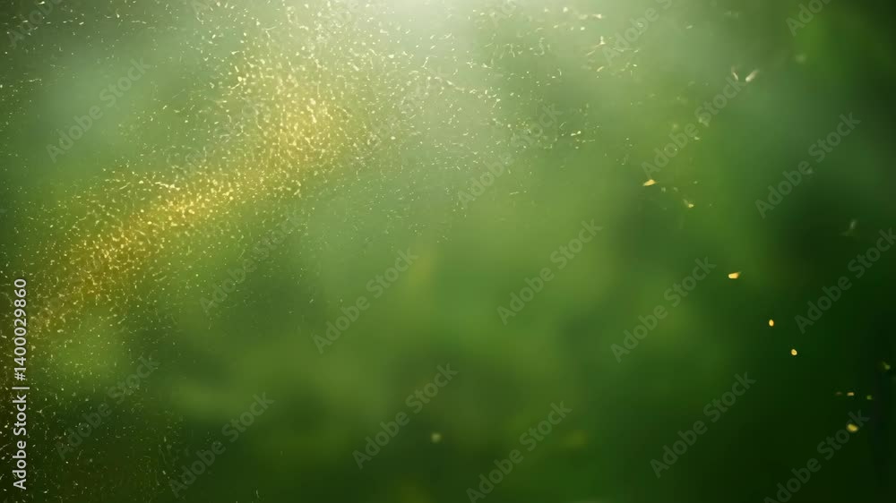 Poster abstract glowing golden specks on a soft green background with a gentle bokeh effect, creating a mag