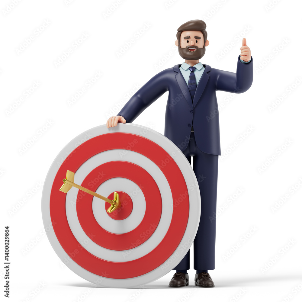 Poster a man holds a target with an arrow in the center, symbolizing achievement and precision. 3d renderin