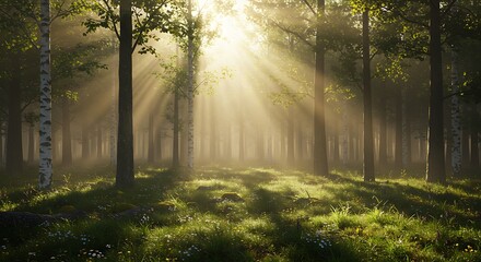 Fototapeta premium Sunlit Forest Path: Mystical Dawn AI Generated