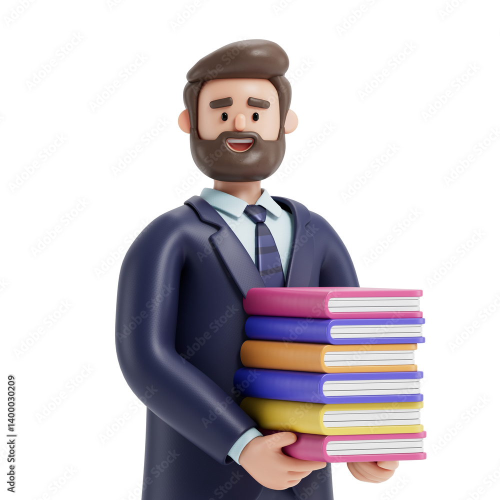 Poster a man holds a stack of colorful books, symbolizing knowledge and education. 3d rendering, conceptual