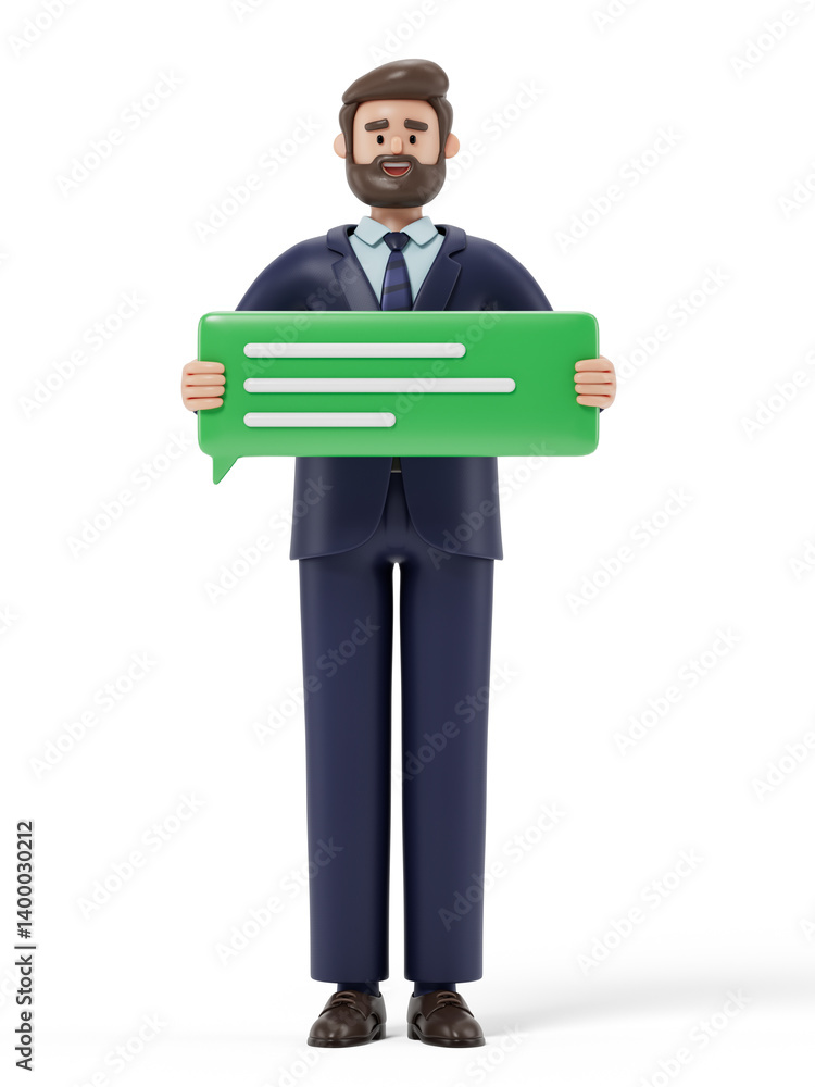 Poster a man holds a large speech bubble, symbolizing communication and expression. 3d rendering, conceptua