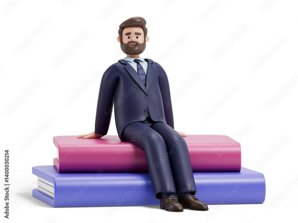 Poster a man sits atop books, symbolizing wisdom and learning. 3d rendering, conceptual image. isolated on 