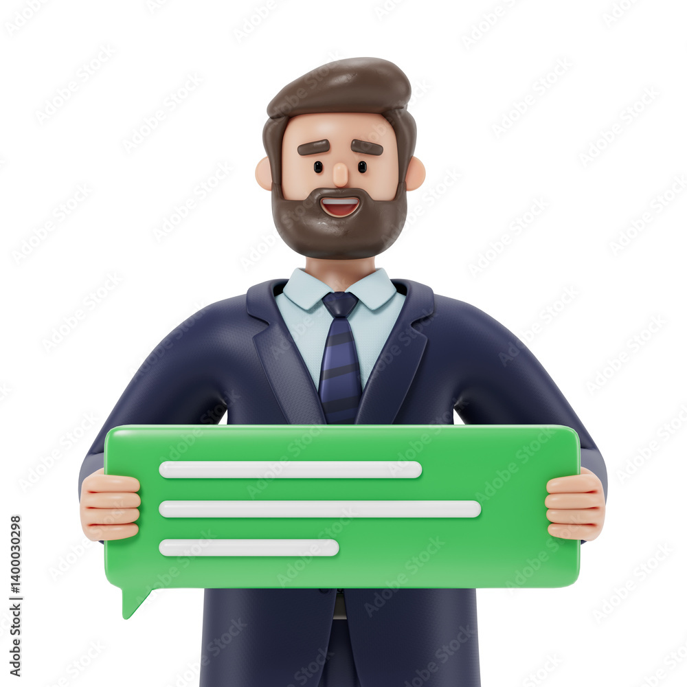Poster a man holds a large speech bubble, symbolizing communication and expression. 3d rendering, conceptua